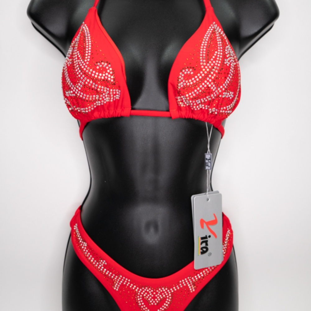 Red Two Piece Swimsuit with Rhinestone Detail